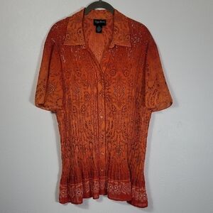 Maggie Barnes Womens Sheer Crinkle Button U p Shirt Size L/XL Orange Metallic
